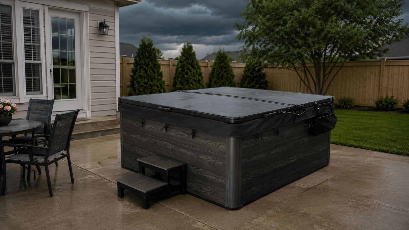 Covered outdoor hot tub beneath dark storm clouds