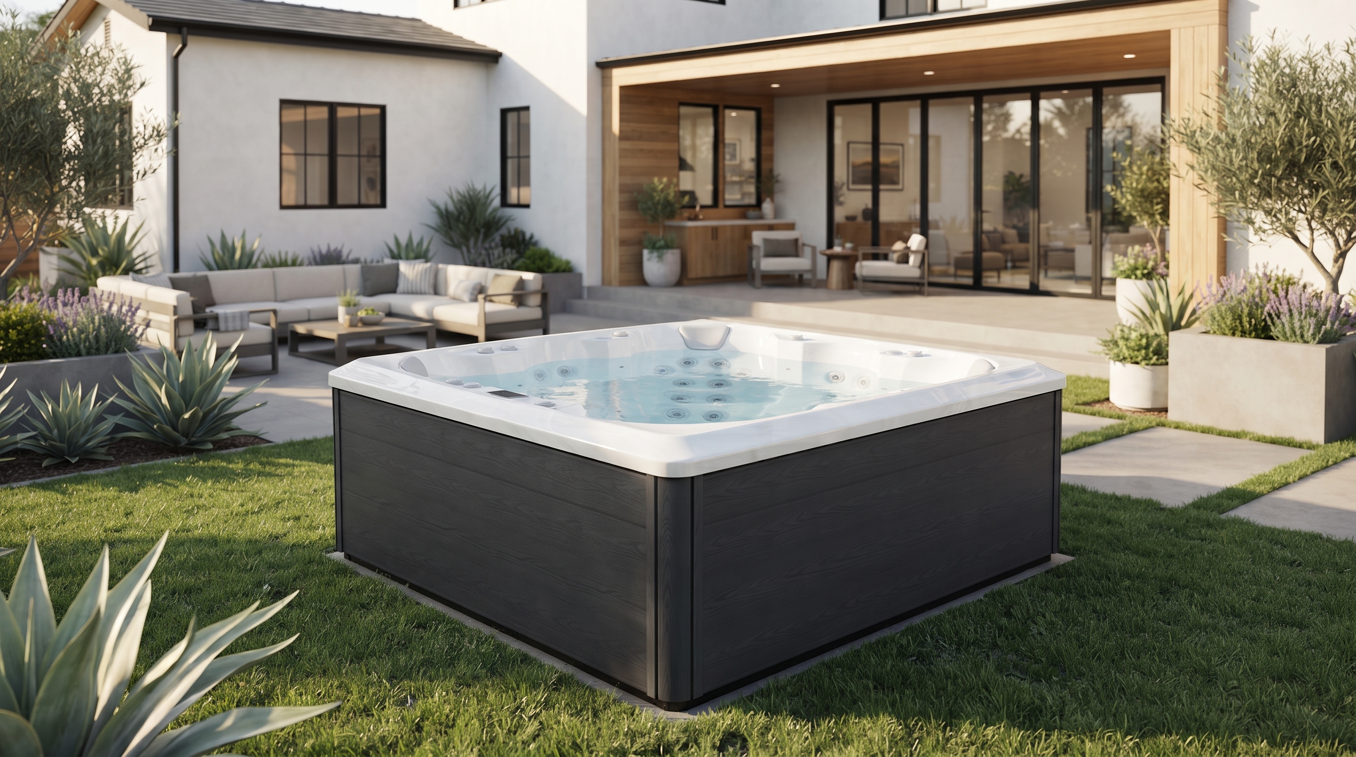 Person testing water beside an open outdoor hot tub