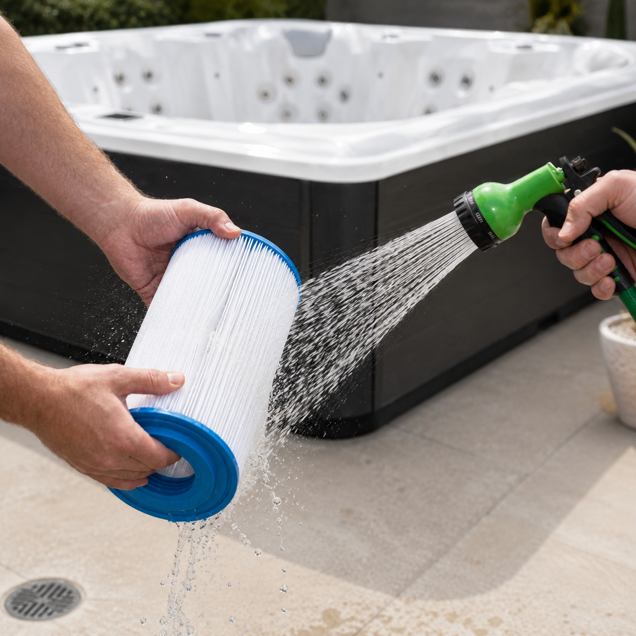 Pleated hot-tub filter being rinsed with clean water